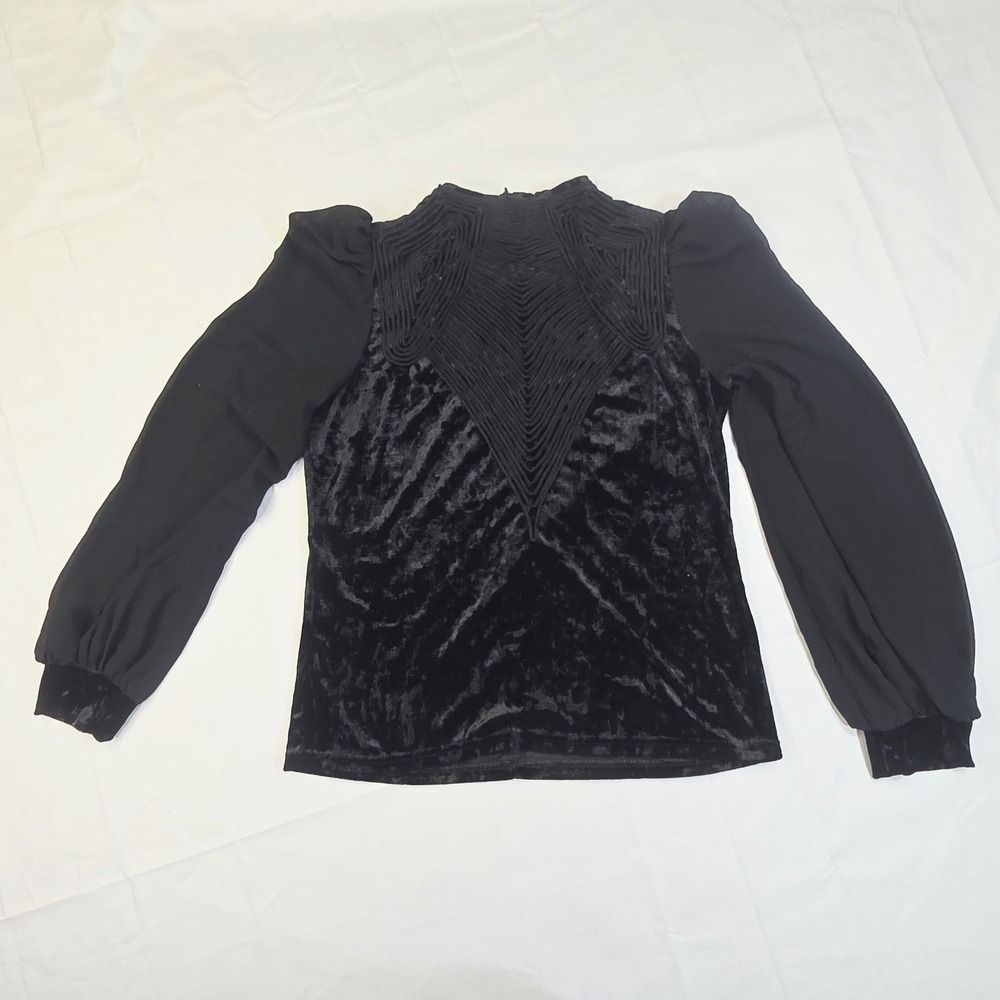 Gracia Women's Medium Black Crushed Velvet Sheer Sleeve Soutache Mock Neck Top